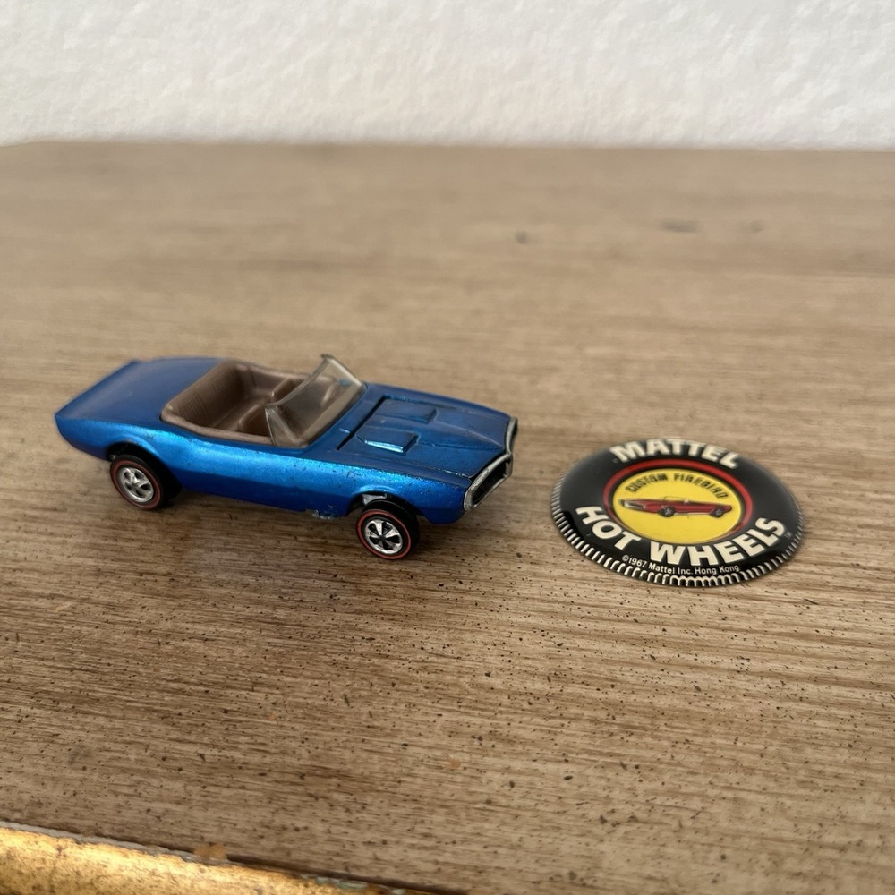 Hot Wheels Redline 1968 Custom Firebird Blue USA + Button (Uneven Wheel)